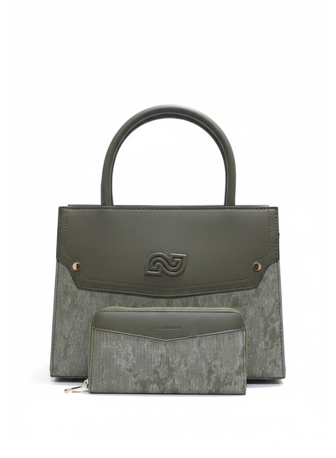 FUMES Army green Women’s Satchel Handbag with Matching Small Wallet – Structured Design, Solid Textured Finish, Elegant Office & Daily Carry Bag - Image 1